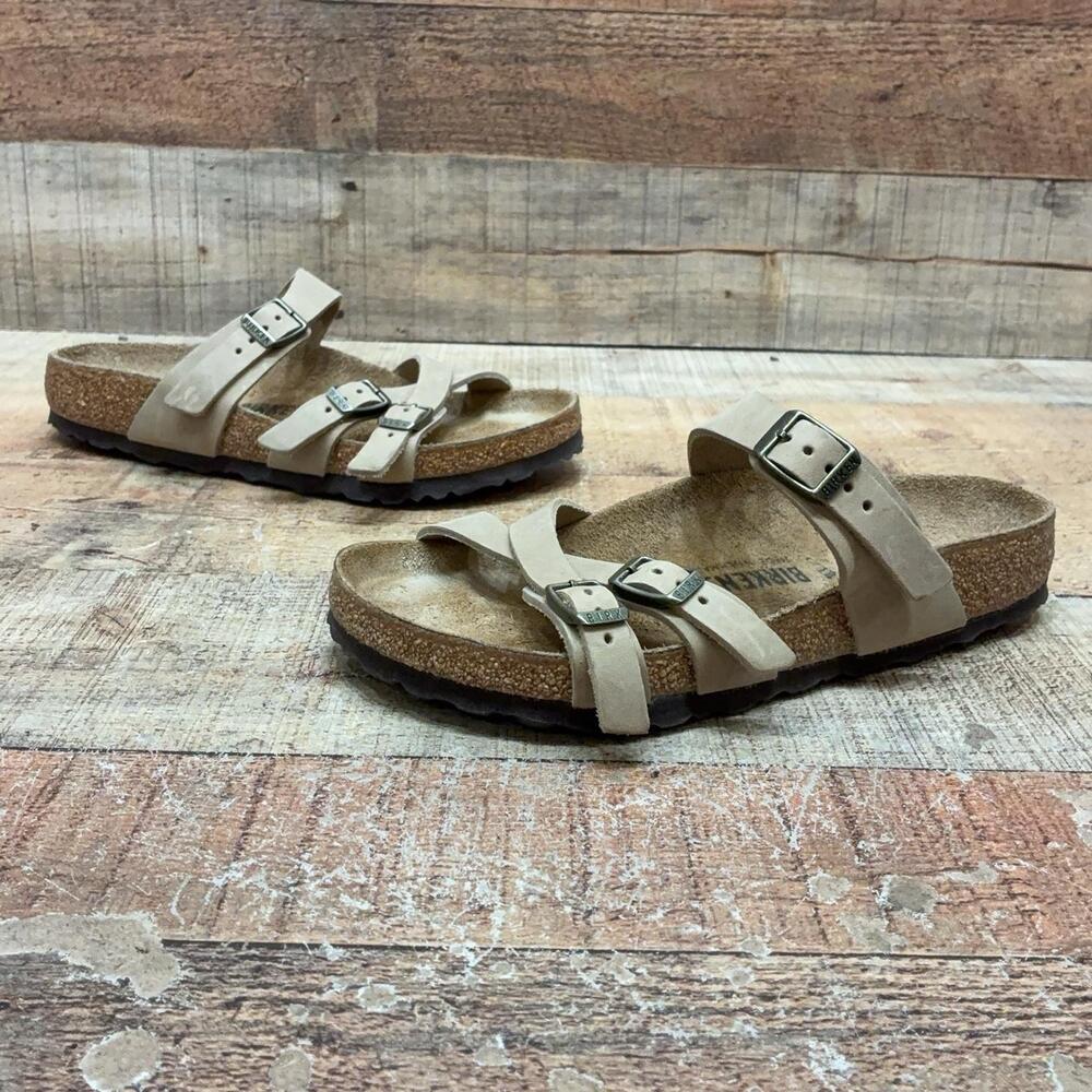 Birkenstock Mayari Sandals Womens Size 6 37 Beige Nubuck Strappy Cork Shoes